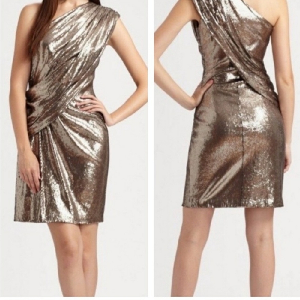 Tadashi Shoji Timeless Gold Metallic One Shoulder Dress Designer Red Carpet - Picture 9 of 14